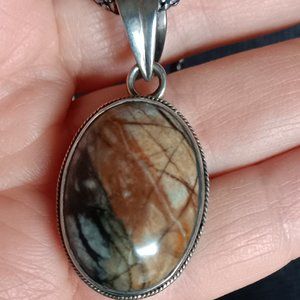 Vintage Natural Picasso Jasper and 925 Sterling Silver Pendant Necklace